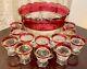 Tiffin Kings Crown Ruby Red Flash Thumbprint Punch Bowl 12 Cups & Ladle No Chips