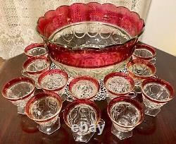 Tiffin Kings Crown Ruby Red Flash Thumbprint Punch Bowl 12 Cups & Ladle No Chips