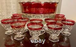 Tiffin Kings Crown Ruby Red Flash Thumbprint Punch Bowl 12 Cups & Ladle No Chips