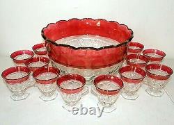 Tiffin Kings Crown Ruby Red Flash Thumbprint Punch Bowl & 12 Footed Glasses Set