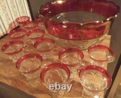 Tiffin Kings Crown Ruby Red Flash Thumbprint Punch Bowl & 12 Footed Glasses Set