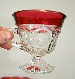 Tiffin Kings Crown Ruby Red Flash Thumbprint Punch Bowl & 12 Footed Glasses Set