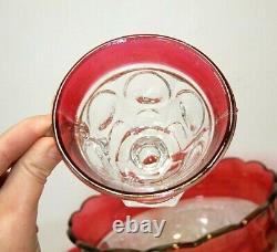 Tiffin Kings Crown Ruby Red Flash Thumbprint Punch Bowl & 12 Footed Glasses Set