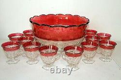 Tiffin Kings Crown Ruby Red Flash Thumbprint Punch Bowl & 12 Footed Glasses Set