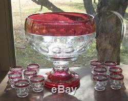 Tiffin Kings Crown Thumbprint Ruby Flash 16 Punch Bowl, Base &12 Punch Cups Evc