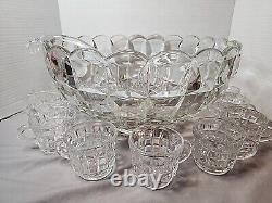 Tiffin Square Diamond Beveled Block Waffle Heavy Punch Bowl Cups Glass Ladle