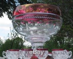 Tiffin/indiana Kings Crown Ruby Flash 16 Punch Bowl 7.5 Base 12 Punch Cups-htf