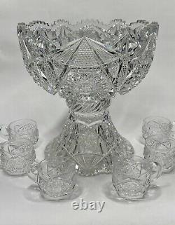 Two Part 12 American Brilliant Cut Glass Punch Bowl & Stand with 6 Cups