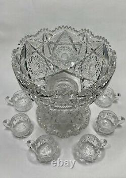 Two Part 12 American Brilliant Cut Glass Punch Bowl & Stand with 6 Cups