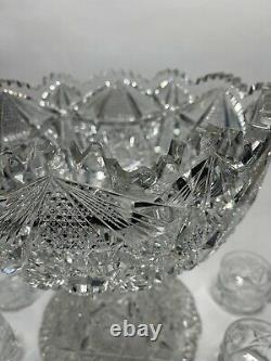Two Part 12 American Brilliant Cut Glass Punch Bowl & Stand with 6 Cups