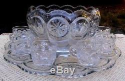 U. S. Glass Knobby Bullseye / Cromwell Antique Eapg Glass Punch Bowl Set