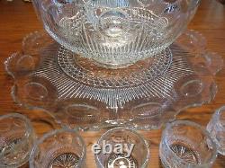 U S Glass Manhattan 15 Piece Crystal Glass Punch Bowl Set Excellent Condition