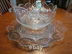 U S Glass Manhattan 15 Piece Crystal Glass Punch Bowl Set Excellent Condition