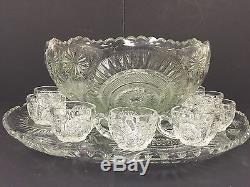 US Glass Horseshoe Radiant Daisy Pinwheel Punch Bowl Set Slewed with 12 Cups