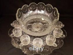 US Glass Manhattan Pattern Punch Bowl, Matching Underplatter And 7 Cups