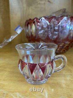 Ultra RARE Indiana Glass Ruby Flash Punch Bowl #1007 set with 12 Cups GORGEOUS