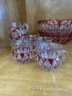 Ultra RARE Indiana Glass Ruby Flash Punch Bowl #1007 set with 12 Cups GORGEOUS