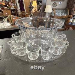 Unmarked Clear Glass Beaded Punch Bowl Set with Handled 12 Cups with serving tray