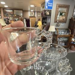 Unmarked Clear Glass Beaded Punch Bowl Set with Handled 12 Cups with serving tray