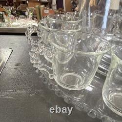 Unmarked Clear Glass Beaded Punch Bowl Set with Handled 12 Cups with serving tray