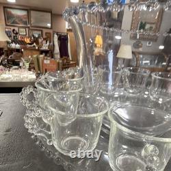 Unmarked Clear Glass Beaded Punch Bowl Set with Handled 12 Cups with serving tray