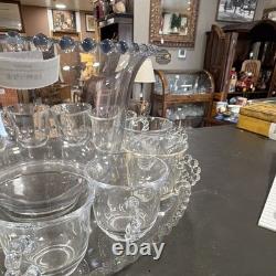 Unmarked Clear Glass Beaded Punch Bowl Set with Handled 12 Cups with serving tray