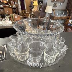 Unmarked Clear Glass Beaded Punch Bowl Set with Handled 12 Cups with serving tray