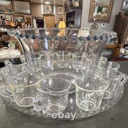 Unmarked Clear Glass Beaded Punch Bowl Set with Handled 12 Cups with serving tray