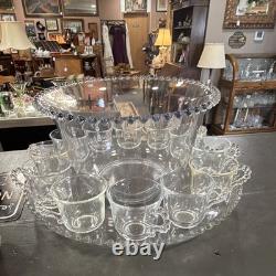 Unmarked Clear Glass Beaded Punch Bowl Set with Handled 12 Cups with serving tray