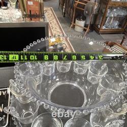 Unmarked Clear Glass Beaded Punch Bowl Set with Handled 12 Cups with serving tray