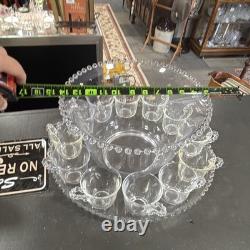 Unmarked Clear Glass Beaded Punch Bowl Set with Handled 12 Cups with serving tray