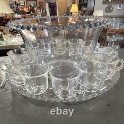 Unmarked Clear Glass Beaded Punch Bowl Set with Handled 12 Cups with serving tray