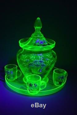 Uranium Glass Punch Set Tray Cups Bowl Lid Floral Vaseline Glows Bright Green