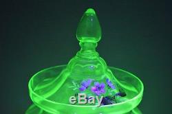 Uranium Glass Punch Set Tray Cups Bowl Lid Floral Vaseline Glows Bright Green