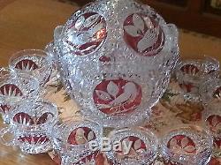 VERY RARE Vintage Hofbauer Red Bird Crystal Punch Bowl With Glasses