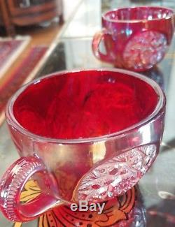 VERY RARE Westmoreland Ruby Carnival Buzz Saw Punch Bowl, Pedestal + 12 Cups