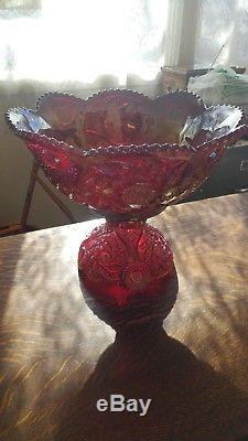 VERY RARE Westmoreland Ruby Carnival Buzz Saw Punch Bowl, Pedestal + 12 Cups