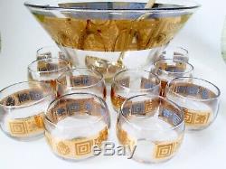 VGC Vtg Mid Century Culver Gold Punchbowl Roly Poly Highball Glasses Ladle Set