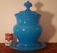 VICTORIAN antique french blue opaline under plate vtg art glass party punch bowl