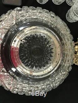 VINTAGE 14 PIECE SET L. E. SMITH GLASS DAISY BUTTON LARGE CLEAR PUNCH BOWL Stand