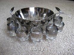 VINTAGE 15 Pc. SILVER FADE GLASS PUNCH BOWL SET-1970'S, NEW, NEVER USED