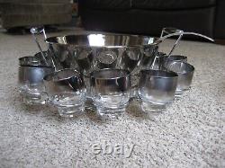VINTAGE 15 Pc. SILVER FADE GLASS PUNCH BOWL SET-1970'S, NEW, NEVER USED