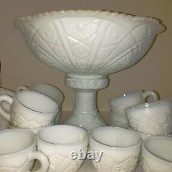 VINTAGE 1941 American 18 Piece Thatcher McKee Concord Milk Glass Punch Bowl Set