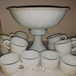 VINTAGE 1941 American 18 Piece Thatcher McKee Concord Milk Glass Punch Bowl Set