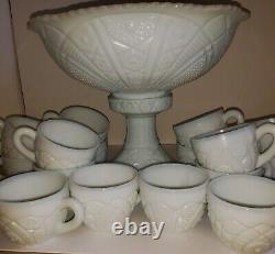 VINTAGE 1941 American 18 Piece Thatcher McKee Concord Milk Glass Punch Bowl Set