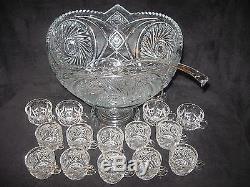 Vintage 1945 Crystal Pressed Glass Punch Bowl Base Pedestal Glass Ladle 15 Cups