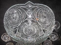 Vintage 1945 Crystal Pressed Glass Punch Bowl Base Pedestal Glass Ladle 15 Cups
