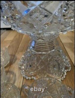 VINTAGE 1950s BRILLIANT CUT GLASS 2 PART PUNCH BOWL WITH SET 5 MATCHING CUPS