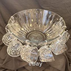 VINTAGE Anchor Hocking Clear Glass Punch Bowl & Glasses SET Service For 8 MCM