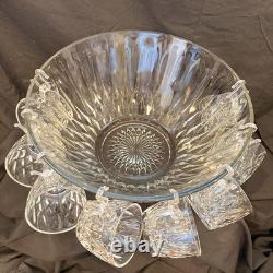 VINTAGE Anchor Hocking Clear Glass Punch Bowl & Glasses SET Service For 8 MCM